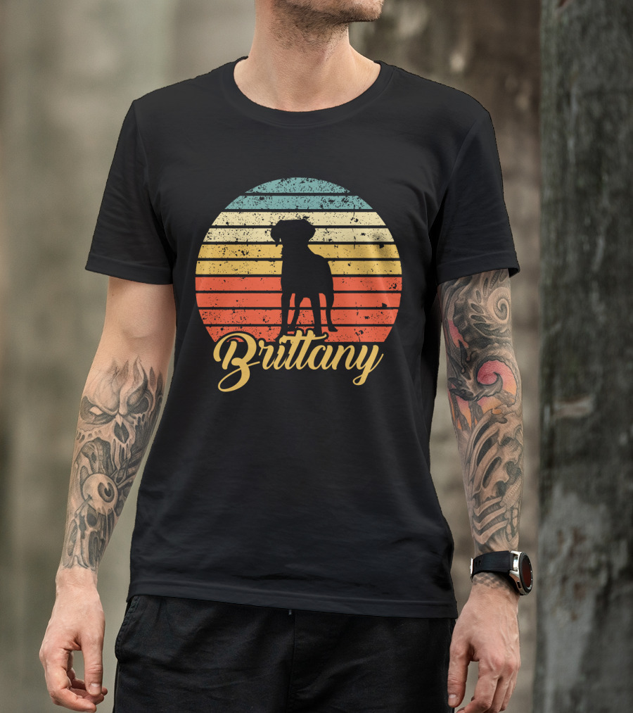 Brittany Spaniel Silhouette Retro Sunset Stripes T-Shirt