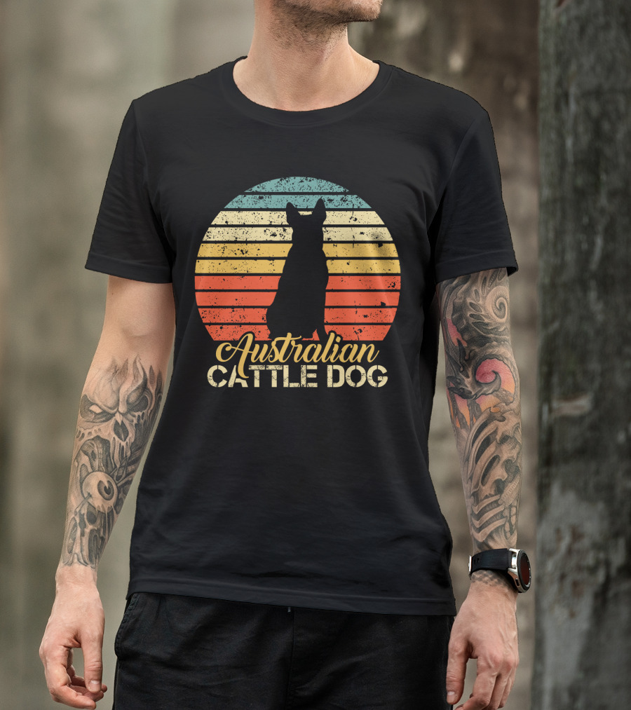 Retro Australian Cattle Dog Silhouette With Vintage Striped Sunset T-Shirt