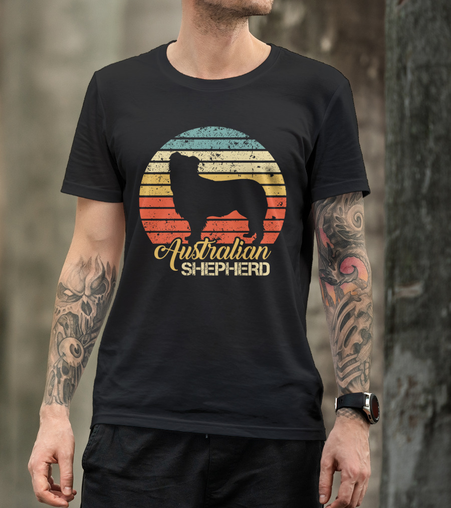 Retro Striped Silhouette Vintage Australian Shepherd T-Shirt