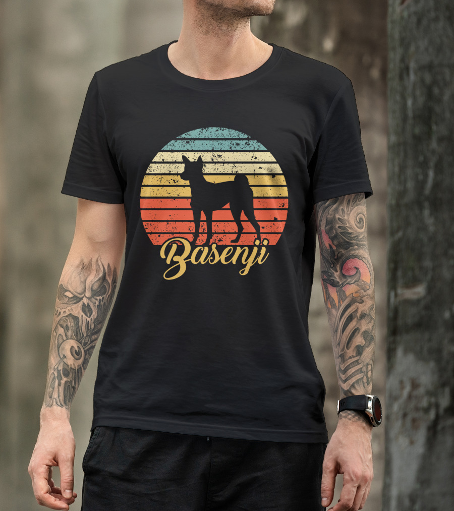 Vintage Basenji Silhouette Retro Striped Circle T-Shirt