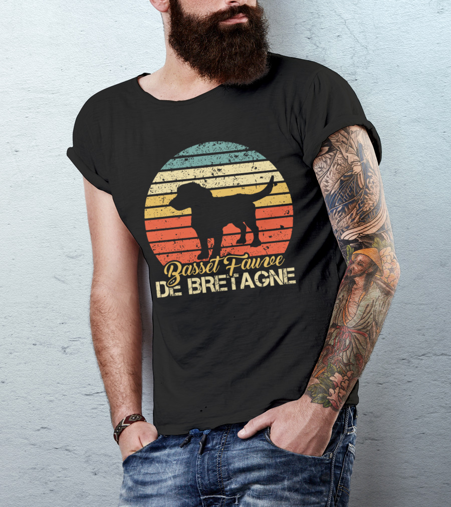 Retro Stripes Basset Fauve De Bretagne Silhouette Vintage T-Shirt