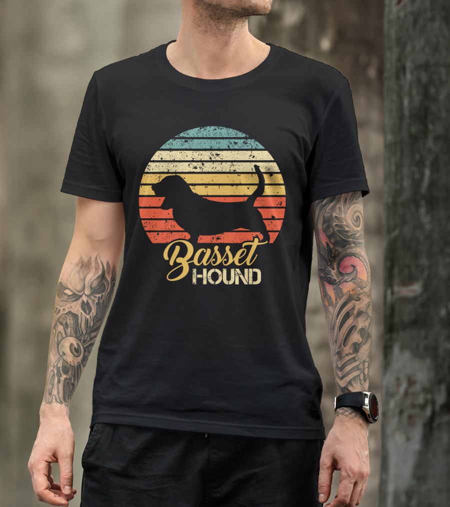 Retro Basset Hound Silhouette In Vintage Sunset T-Shirt