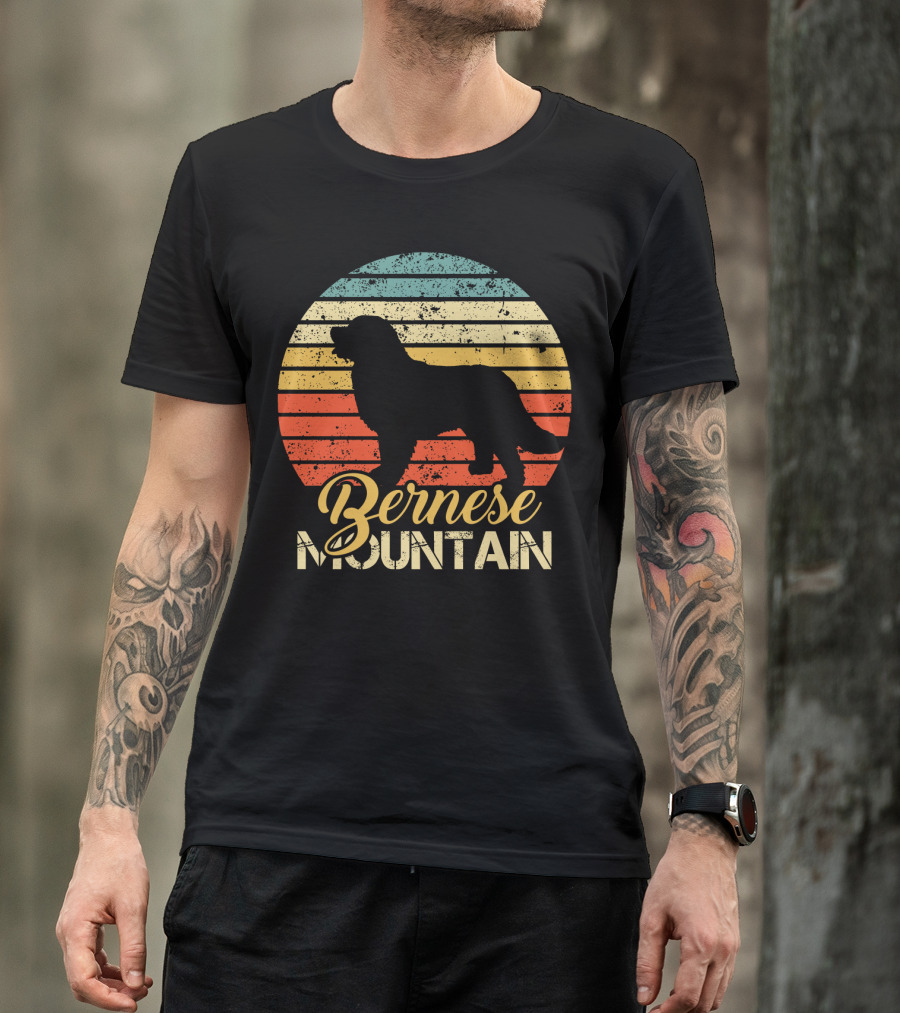 Retro Bernese Mountain Dog Silhouette With Striped Sunset Background T-Shirt