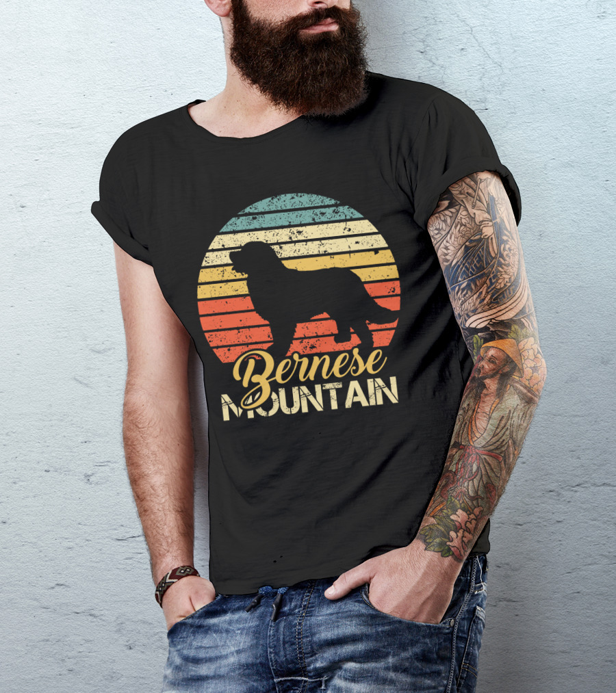 Retro Bernese Mountain Dog Silhouette With Striped Sunset Background T-Shirt