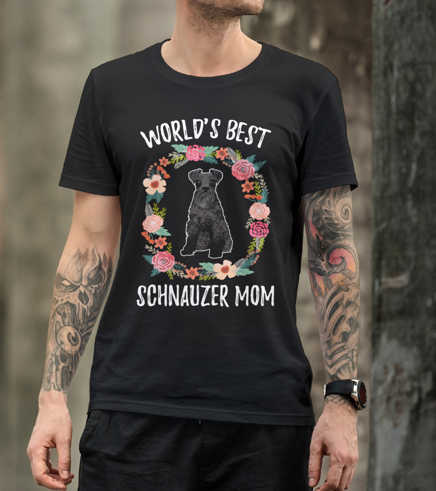 World's Best Schnauzer Mom Black Schnauzer Floral Wreath T-Shirt