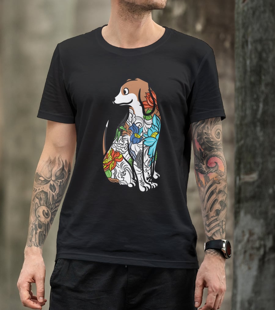Beagle With Vibrant Floral Tattoo T-Shirt