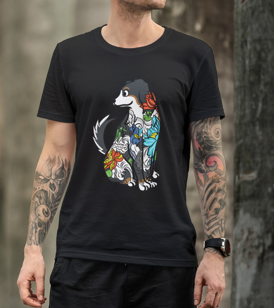 Colorful Floral Tattoo Style Bernese Mountain Dog T-Shirt
