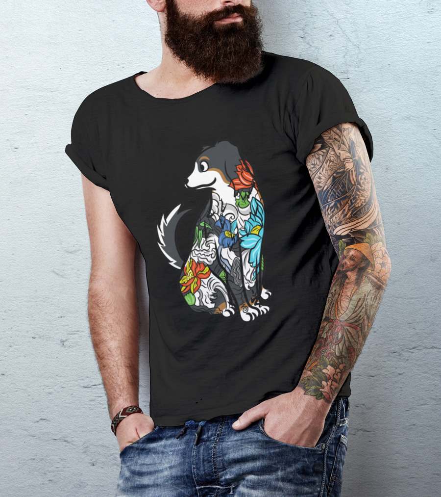 Colorful Floral Tattoo Style Bernese Mountain Dog T-Shirt