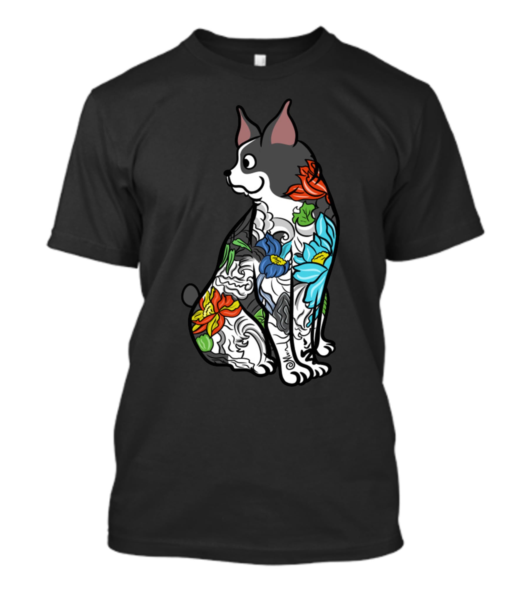 Boston Terrier With Colorful Floral Tattoo T-Shirt