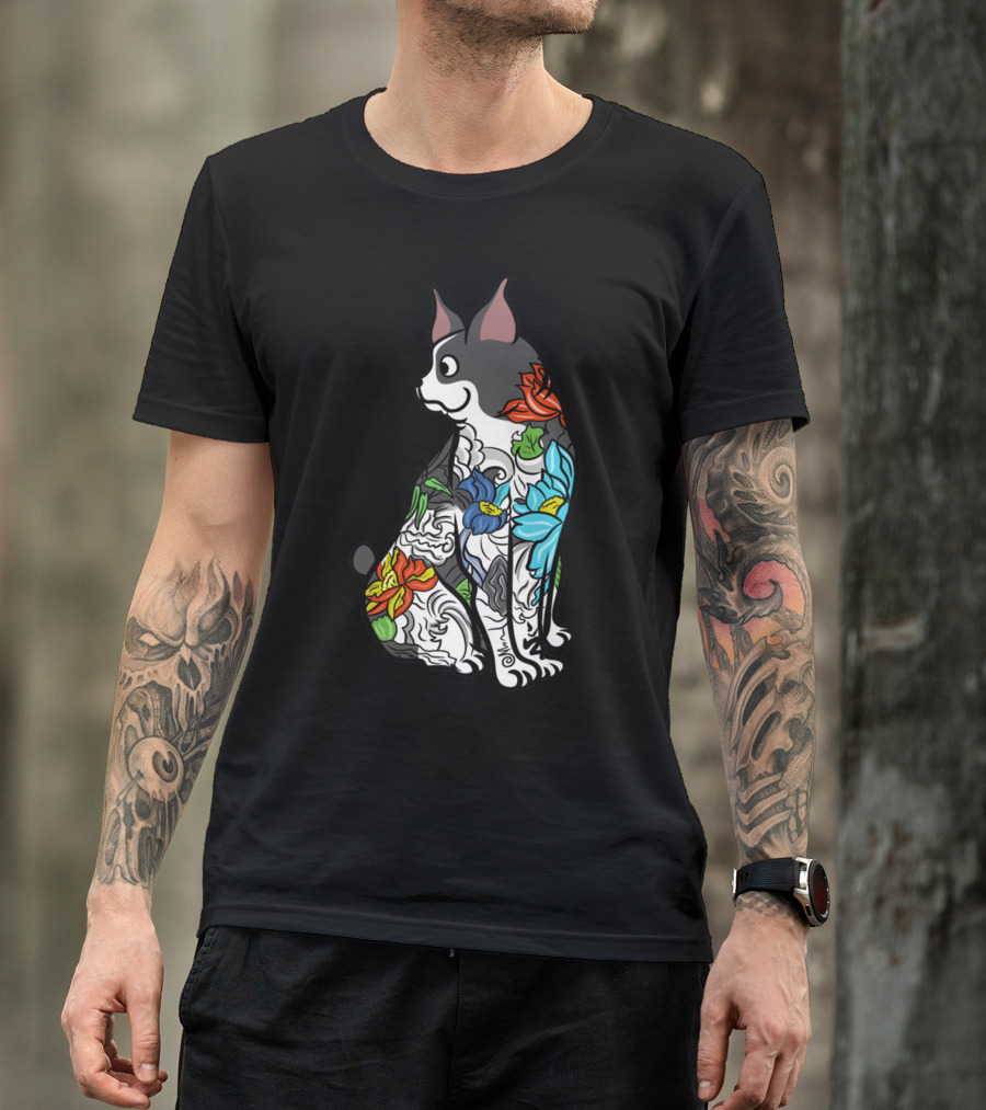 Boston Terrier With Colorful Floral Tattoo T-Shirt