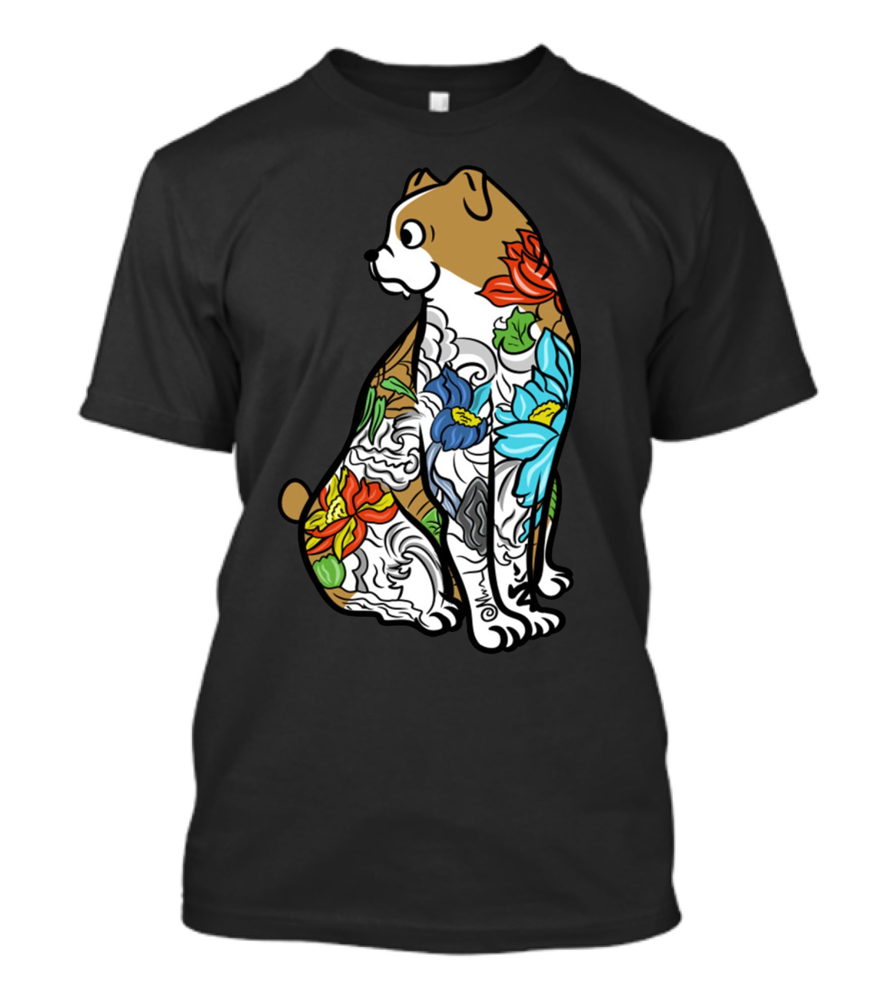 Bulldog Tattoo Floral Pattern Colorful T-Shirt