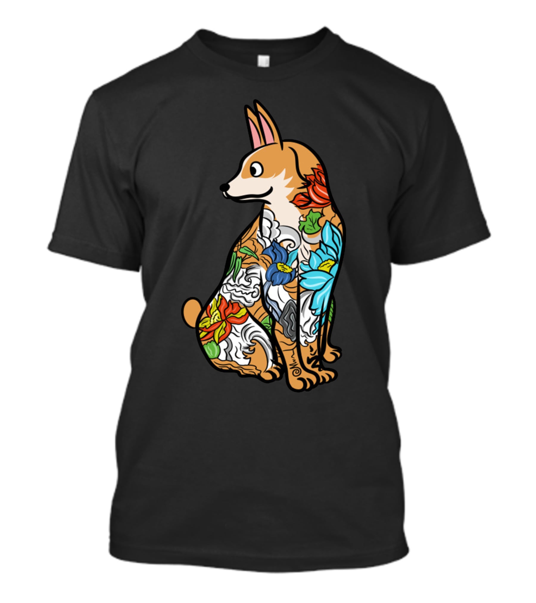 Corgi With Colorful Floral Tattoo T-Shirt