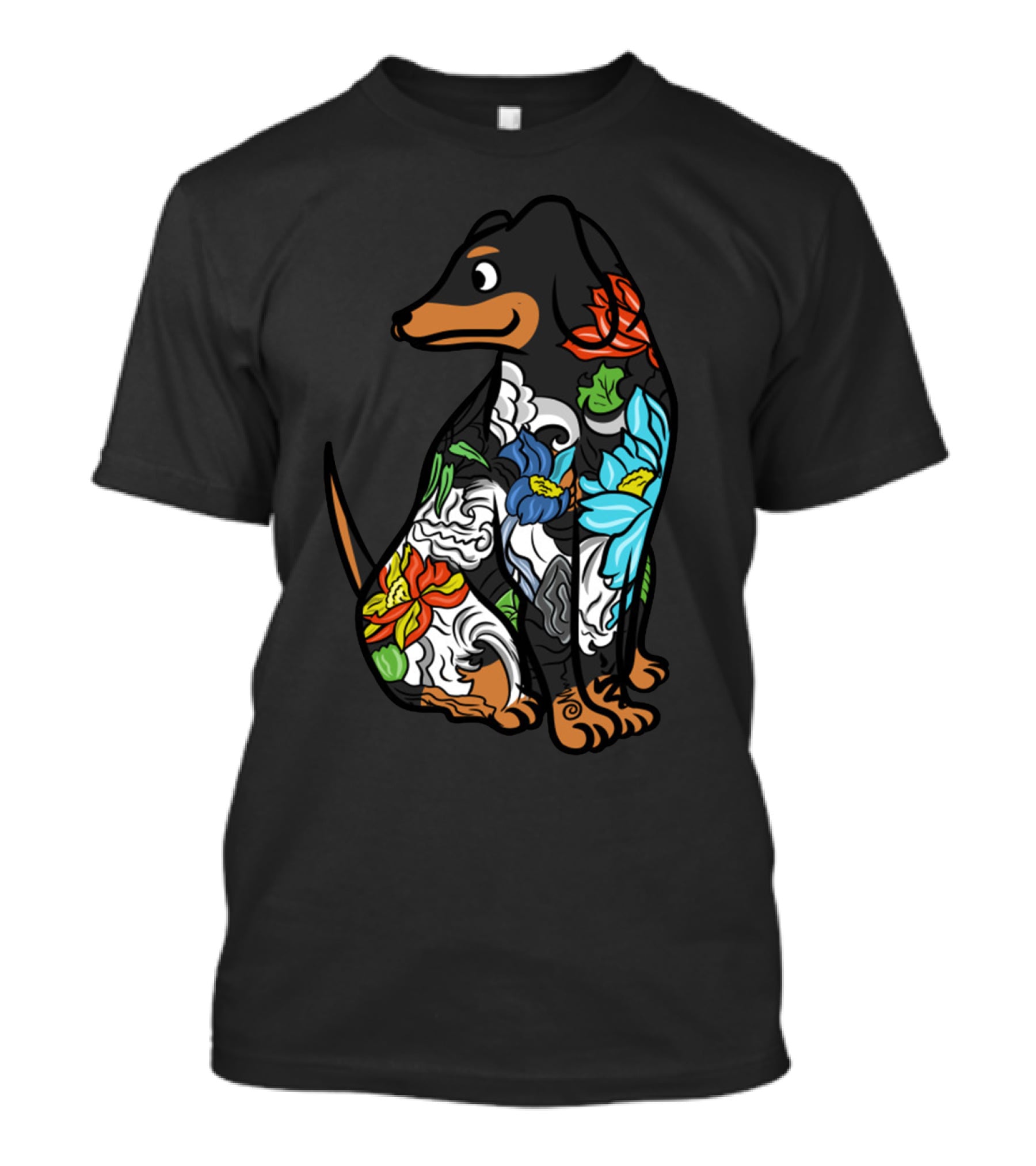 Colorful Floral Dachshund Tattoo Design With Artistic Flower T-Shirt