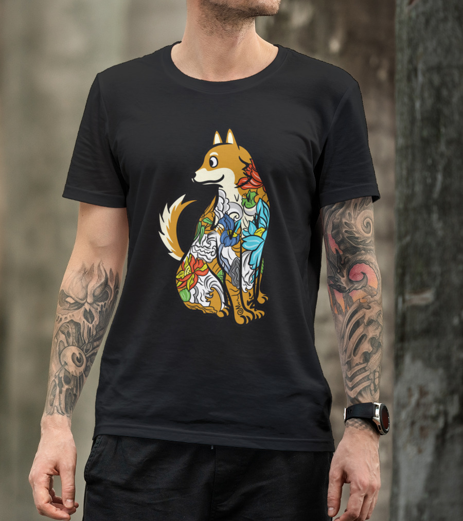 Shiba Inu Tattoo Colorful Floral T-Shirt