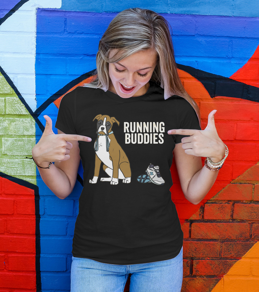 Boxer With Shoe And Running Buddies Text T-Shirt