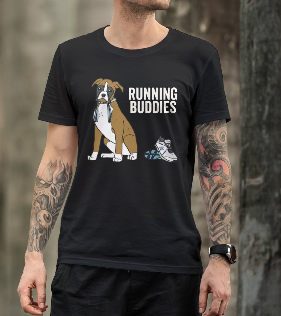 Boxer With Shoe And Running Buddies Text T-Shirt