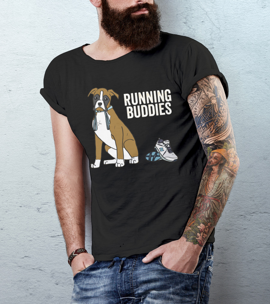 Boxer With Shoe And Running Buddies Text T-Shirt