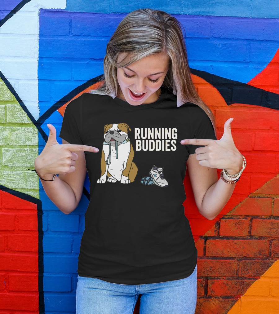Bulldog And Sneakers Running Buddies With Leash And Shoe Companion T-Shirt