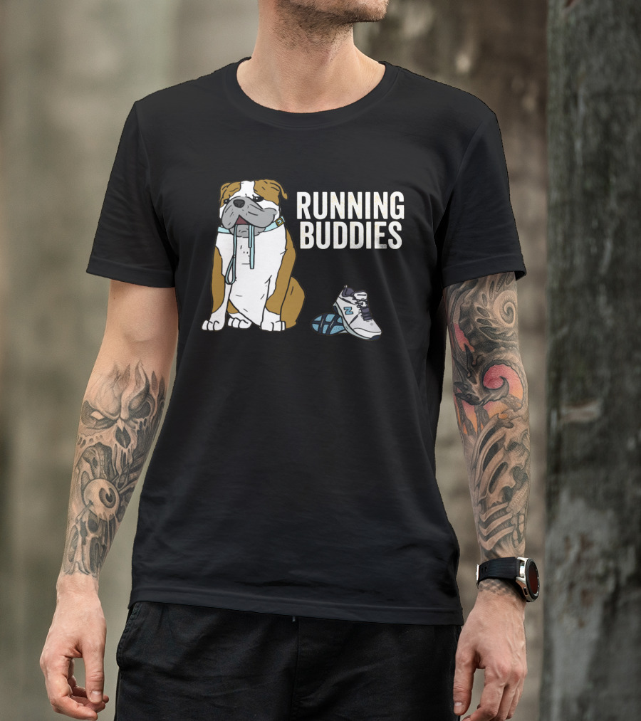 Bulldog And Sneakers Running Buddies With Leash And Shoe Companion T-Shirt