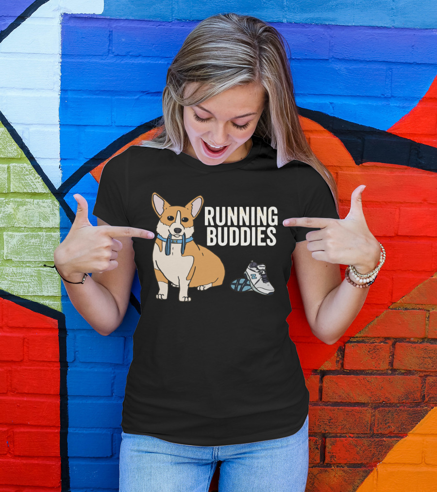Corgi Running Buddies With Sneakers And Blue Collar T-Shirt