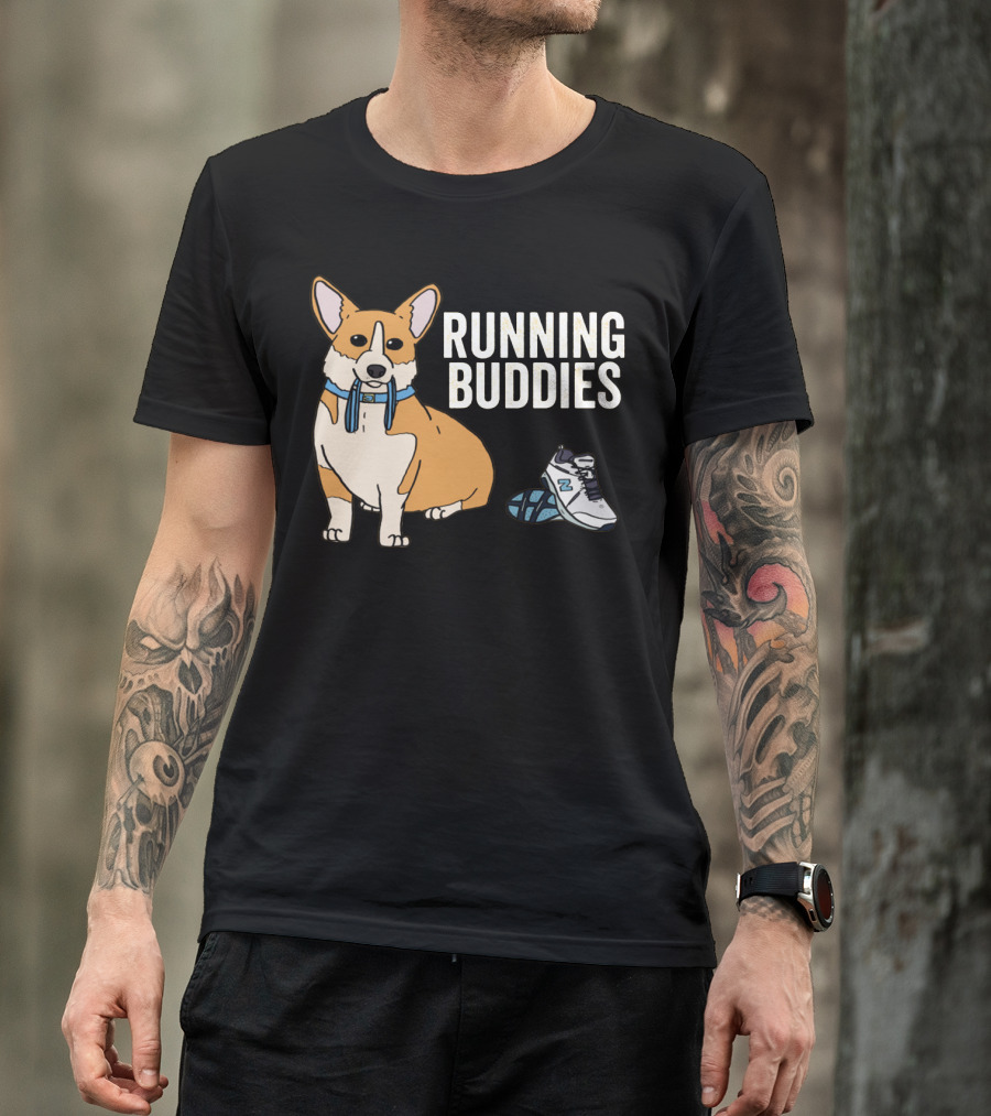 Corgi Running Buddies With Sneakers And Blue Collar T-Shirt