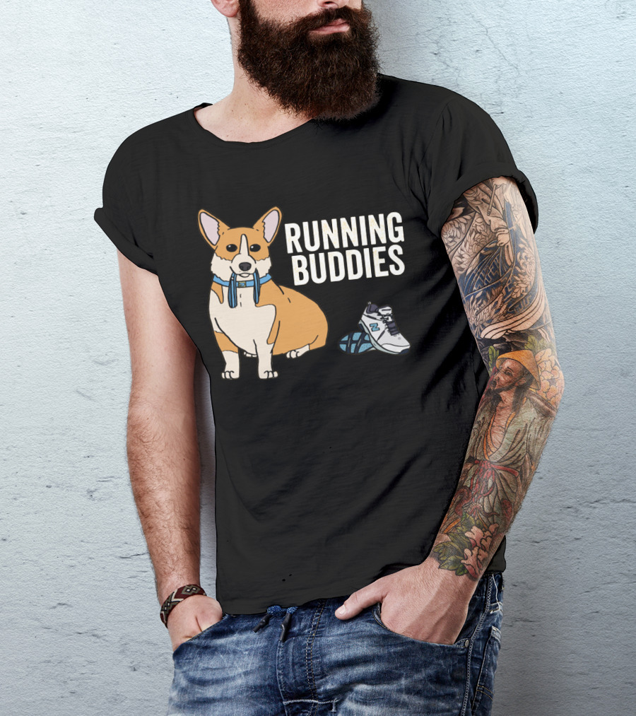 Corgi Running Buddies With Sneakers And Blue Collar T-Shirt