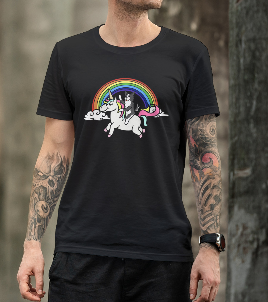 Border Collie Riding Unicorn With Colorful Rainbow T-Shirt