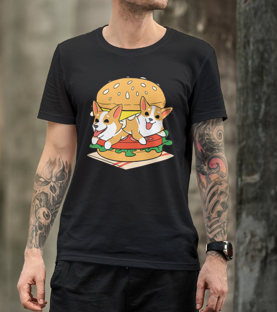 Corgi Burger Delight Double Pup Cheeseburger Fun T-Shirt