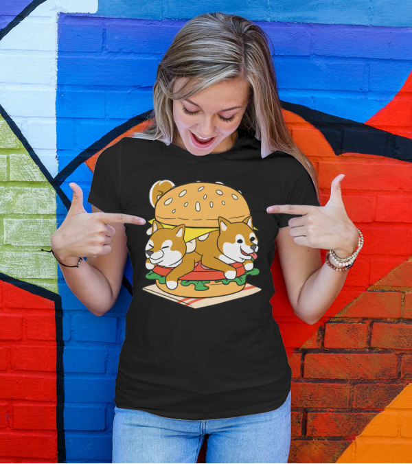Shiba Inu Hamburger Parody With Cute Dog Duo Inside Cheeseburger Bun T-Shirt