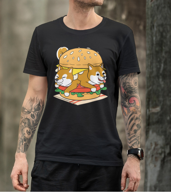 Shiba Inu Hamburger Parody With Cute Dog Duo Inside Cheeseburger Bun T-Shirt