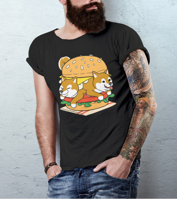 Shiba Inu Hamburger Parody With Cute Dog Duo Inside Cheeseburger Bun T-Shirt