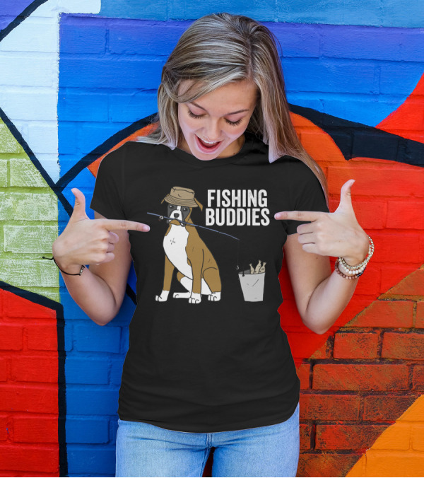 Boxer Dog Fishing Buddies Cartoon With Hat And Fishing Rod T-Shirt