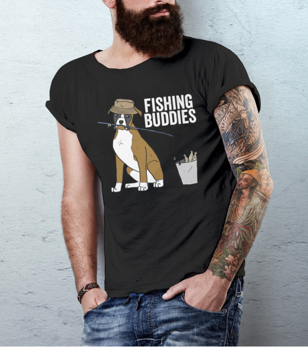 Boxer Dog Fishing Buddies Cartoon With Hat And Fishing Rod T-Shirt