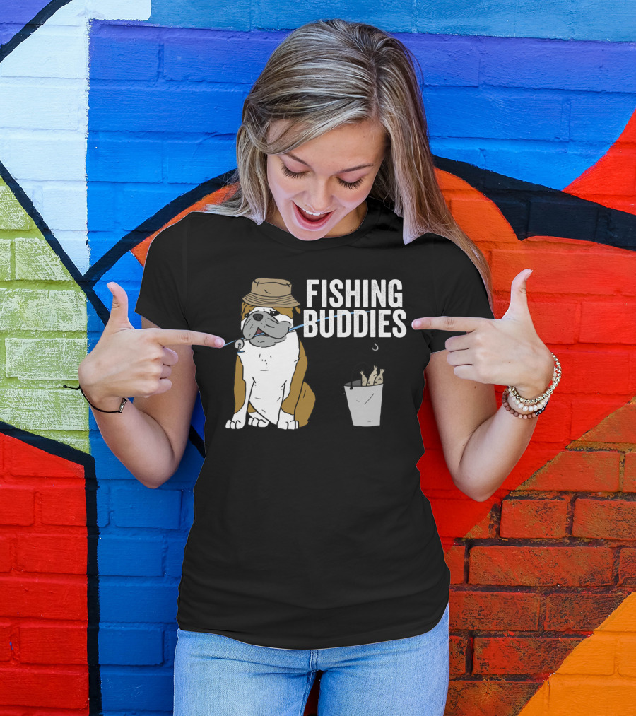 Bulldog Wearing Hat With Fishing Hook And Bucket - Fun Fishing Buddies T-Shirt