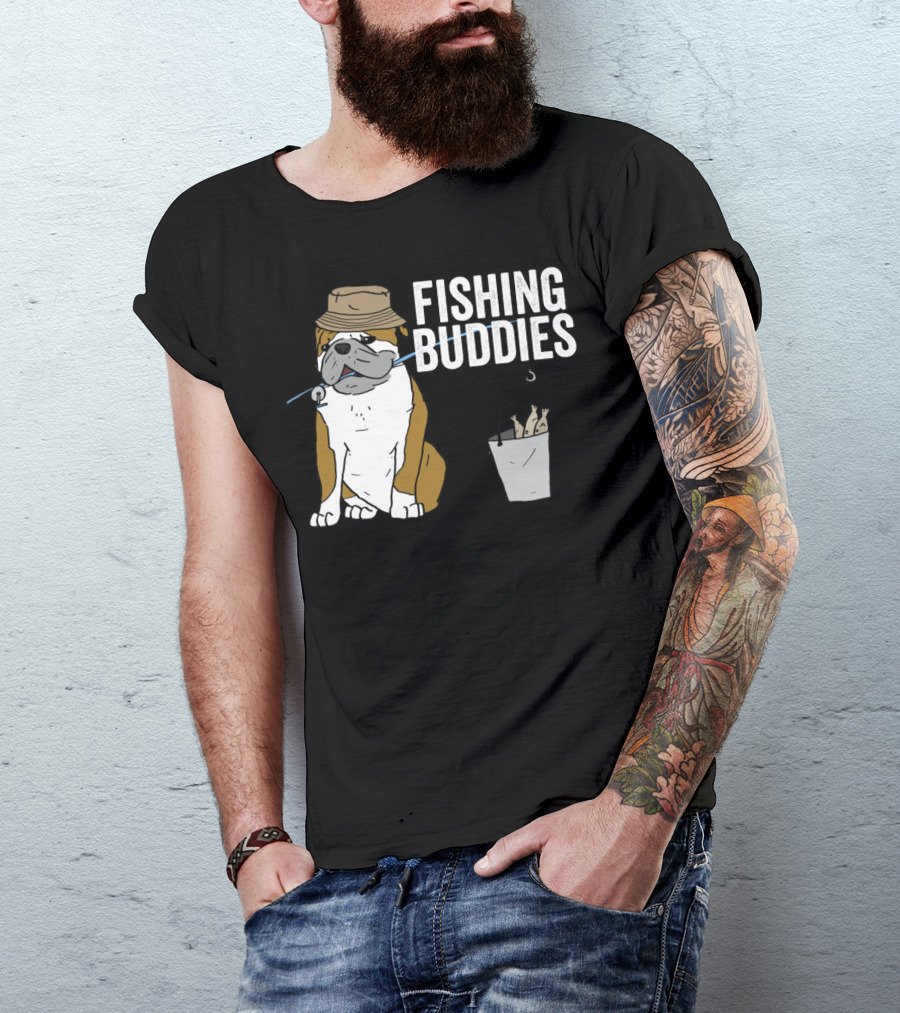 Bulldog Wearing Hat With Fishing Hook And Bucket - Fun Fishing Buddies T-Shirt