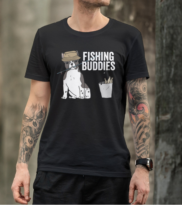French Bulldog Fishing Buddies With Hat And Fish Bucket T-Shirt