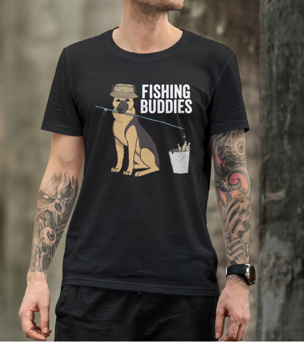 Fishing Buddies German Shepherd Bucket And Fishing Rod T-Shirt