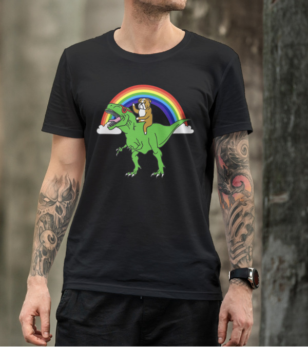 Bulldog Riding T-Rex With Rainbow And Sunglasses T-Shirt