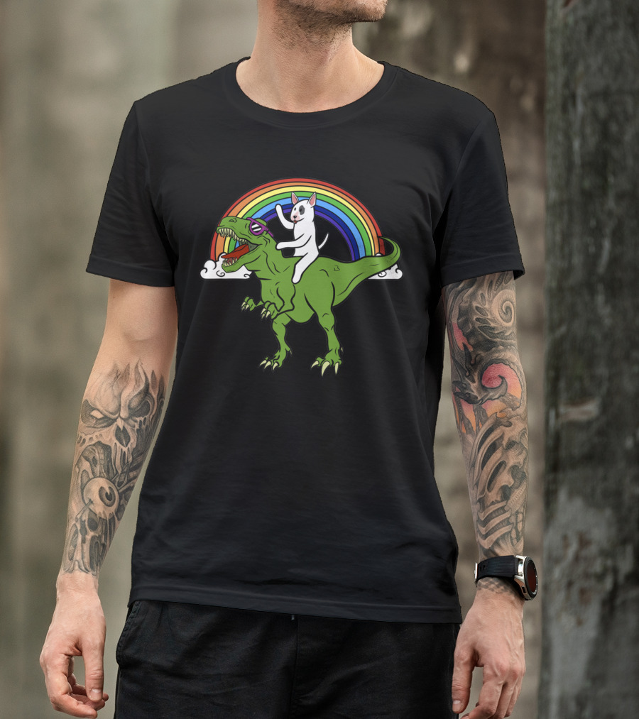 Bully Dinosaur Cat Riding T-Rex Rainbow Adventure T-Shirt