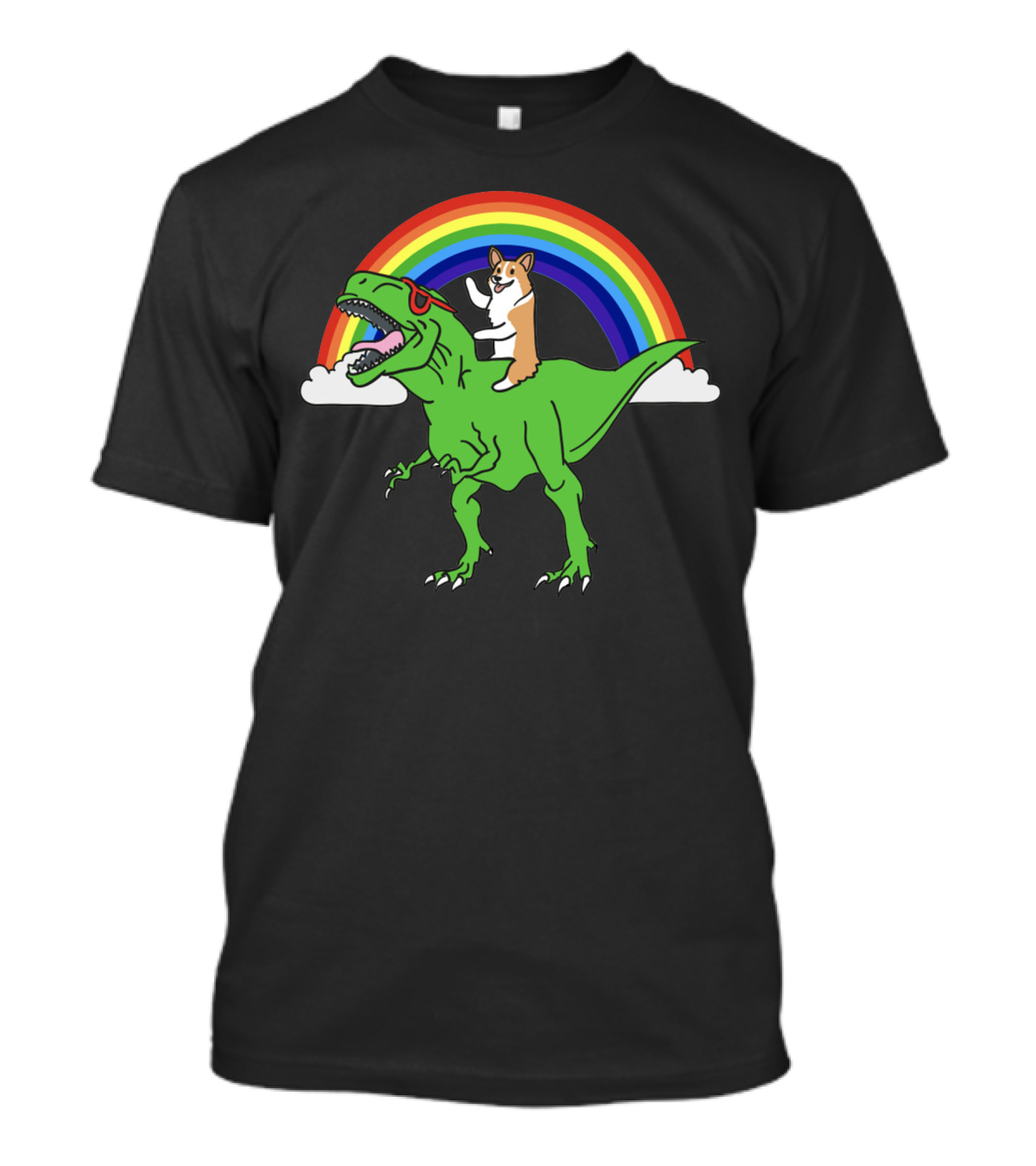 Corgi Dinosaur Riding T-Rex With Rainbow And Sunglasses T-Shirt