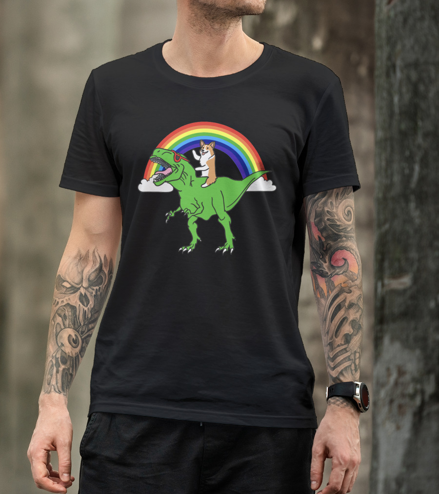 Corgi Dinosaur Riding T-Rex With Rainbow And Sunglasses T-Shirt