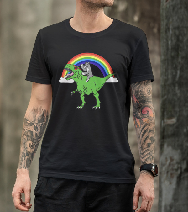 Schnauzer Riding Dinosaur Under Rainbow T-Shirt