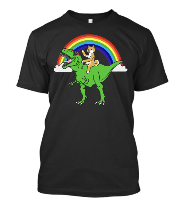 Shiba Inu Riding T-Rex With Sunglasses And Rainbow Background T-Shirt