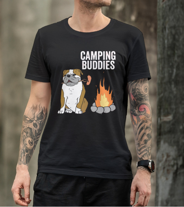 Bulldog Enjoying Campfire With Sausage And Camping Buddies T-Shirt