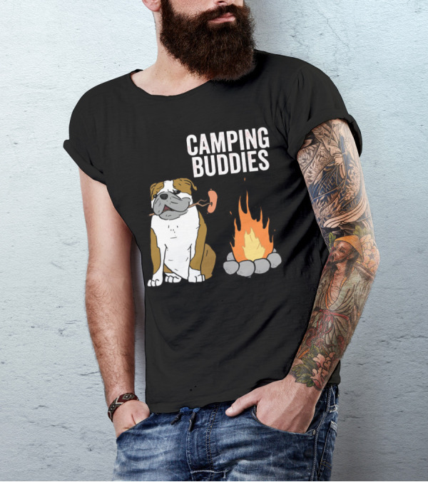 Bulldog Enjoying Campfire With Sausage And Camping Buddies T-Shirt