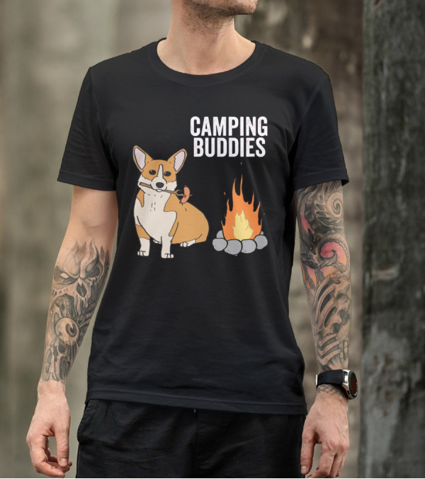 Corgi Roasting Marshmallow By Campfire - Camping Buddies Adventure T-Shirt