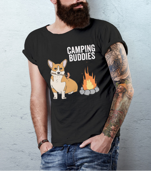 Corgi Roasting Marshmallow By Campfire - Camping Buddies Adventure T-Shirt