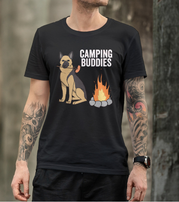 Camping Buddies German Shepherd Roasting By Campfire T-Shirt