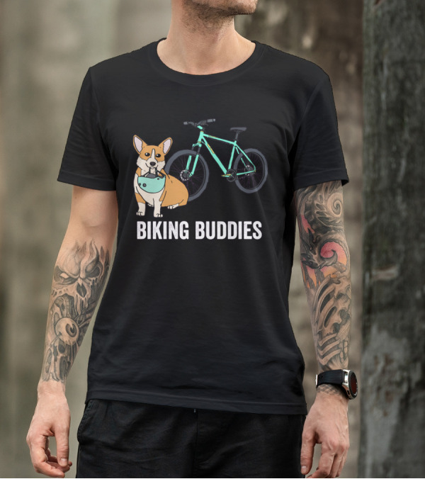 Corgi Biking Buddies With Bicycle Helmet And Mountain Bike T-Shirt