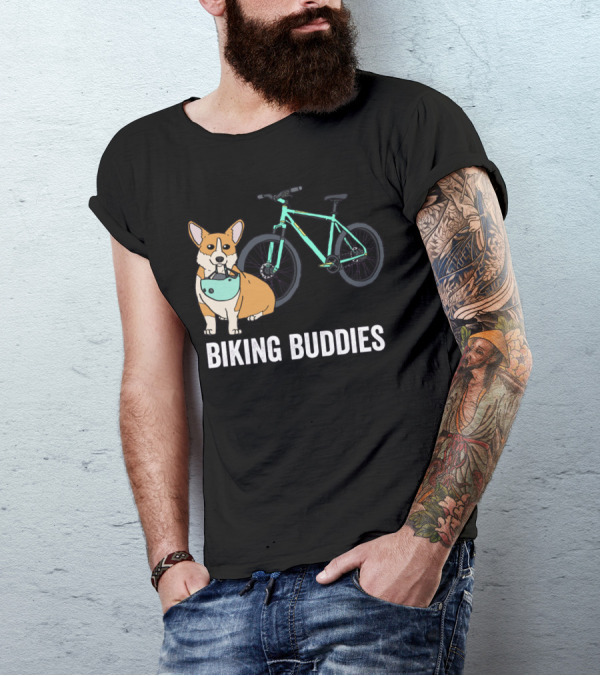 Corgi Biking Buddies With Bicycle Helmet And Mountain Bike T-Shirt